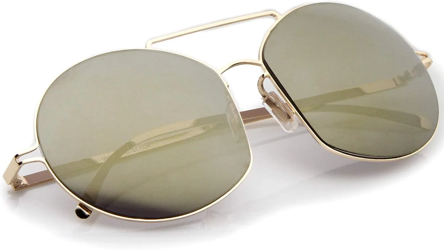 

Солнцезащитные очки zeroUV в современной тонкой металлической оправе с перемычкой над переносицей, цветными зеркальными линзами, круглые, 59 мм, Gold / Gold Mirror