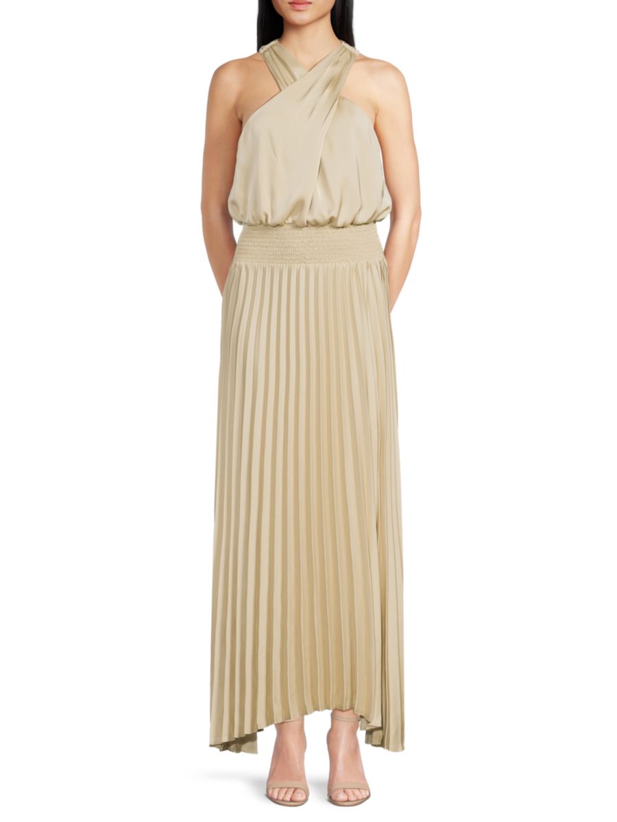 

Платье макси с плиссировкой и бретелькой через шею Arina Ramy Brook, цвет Soft Gold