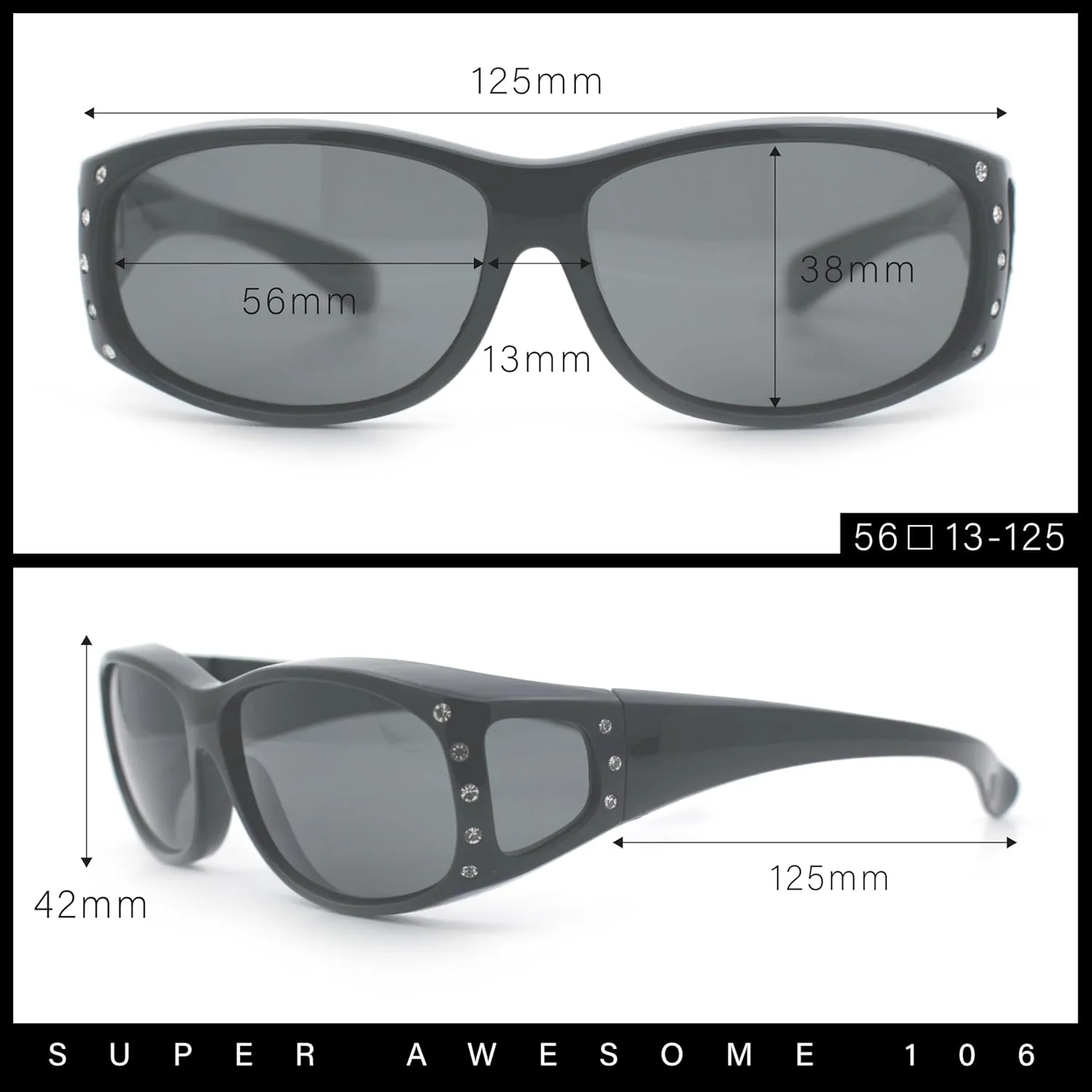 

Женские поляризованные солнцезащитные очки маленького размера, плотно прилегающие к ушам, с декоративными стразами, надеваются поверх очков SA106, All Black