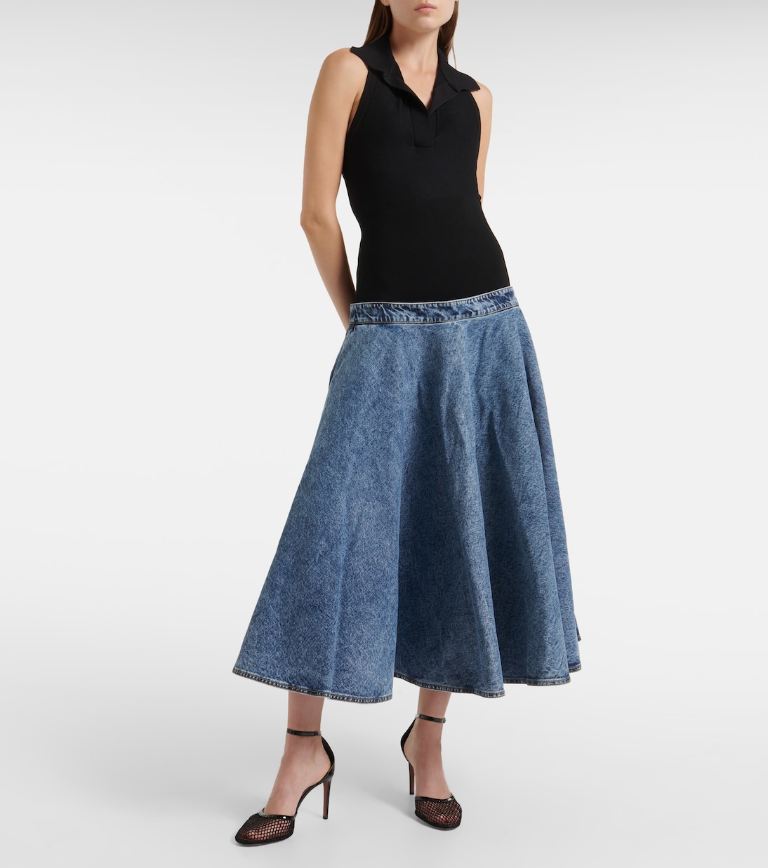 Юбка миди из денима и хлопкового джерси Alaïa, Bleu Neige — фото 2