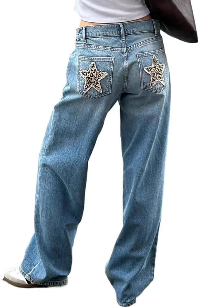 

Женские джинсы low rise baggy Y2k с принтом звезд и леопарда LAPUNIOT