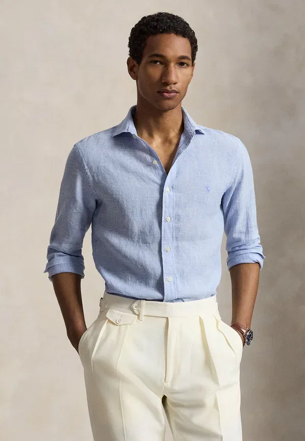 Рубашка приталенная из льна в клетку "гусиная лапка" Polo Ralph Lauren, кабана синий/белый