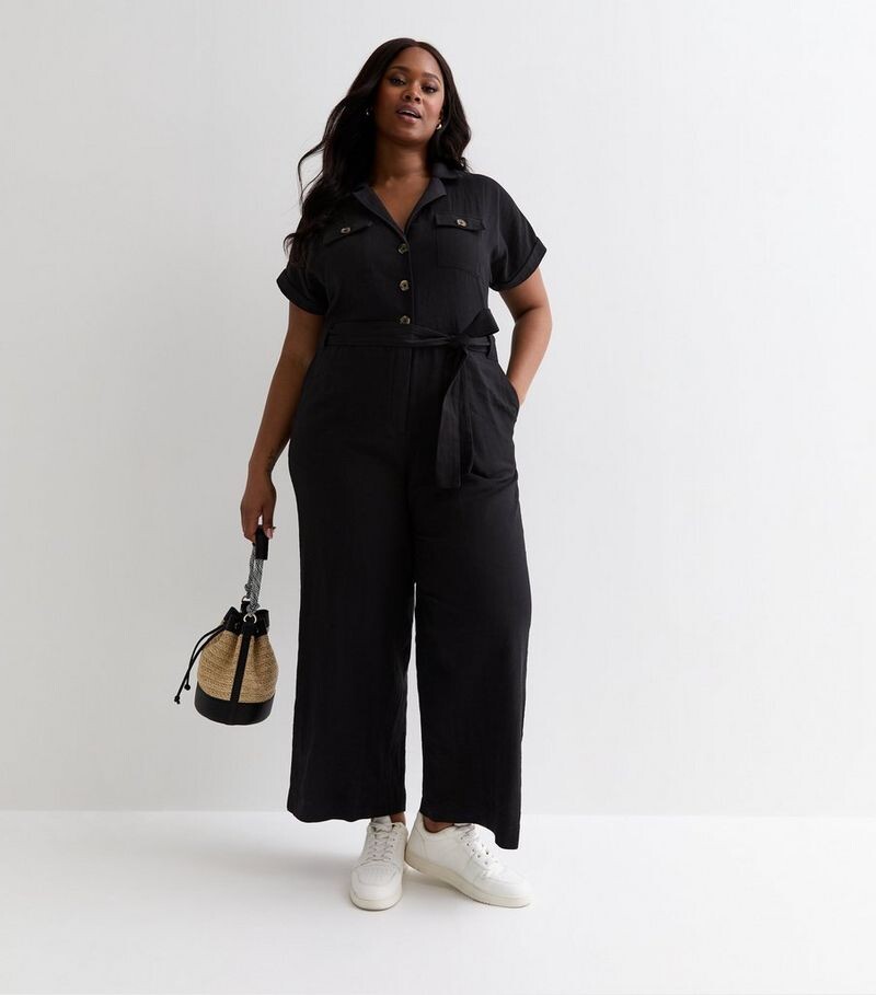 

Черный хлопковый комбинезон с поясом Curves New Look, черный