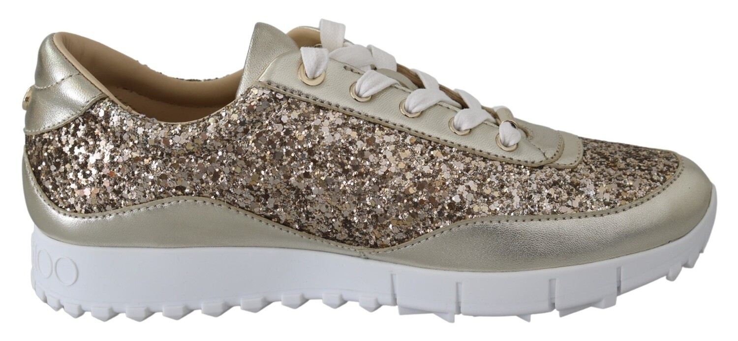 Jimmy Choo Античные кожаные женские кроссовки с блестками, золото — фото 3