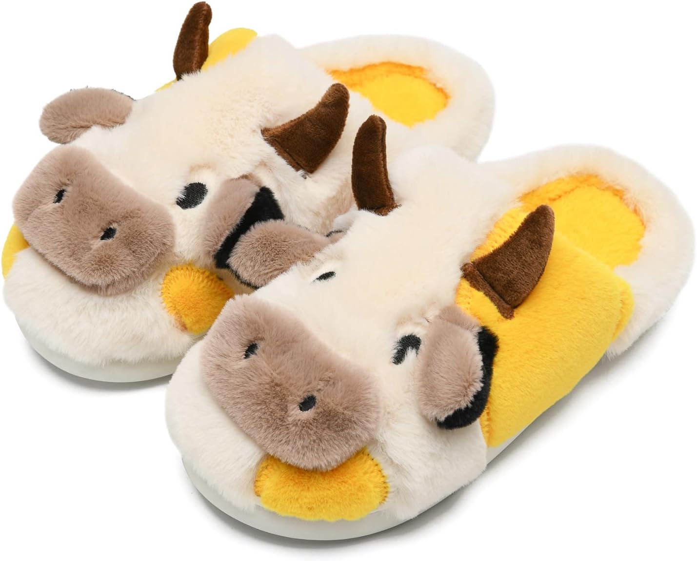 Домашние тапочки Sharllen Fuzzy Cow для детей, милые пушистые тапочки в виде коровы, детская обувь для девочек и мальчиков, мультяшные тапочки для дома, для использования внутри и на улице, желтый — фото 2