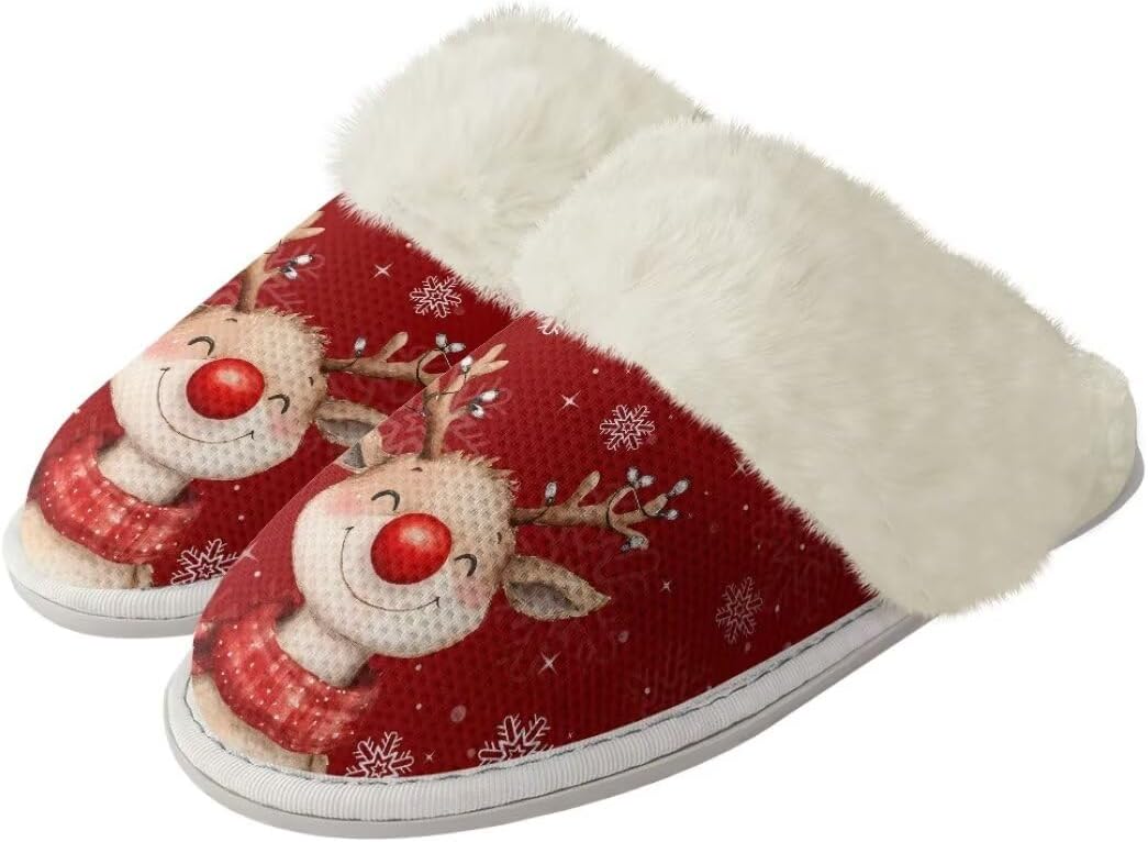 

Женские и мужские рождественские тапочки с нескользящей подошвой, пушистые домашние туфли с резиновой подошвой для дома Xixirimido, Reindeer