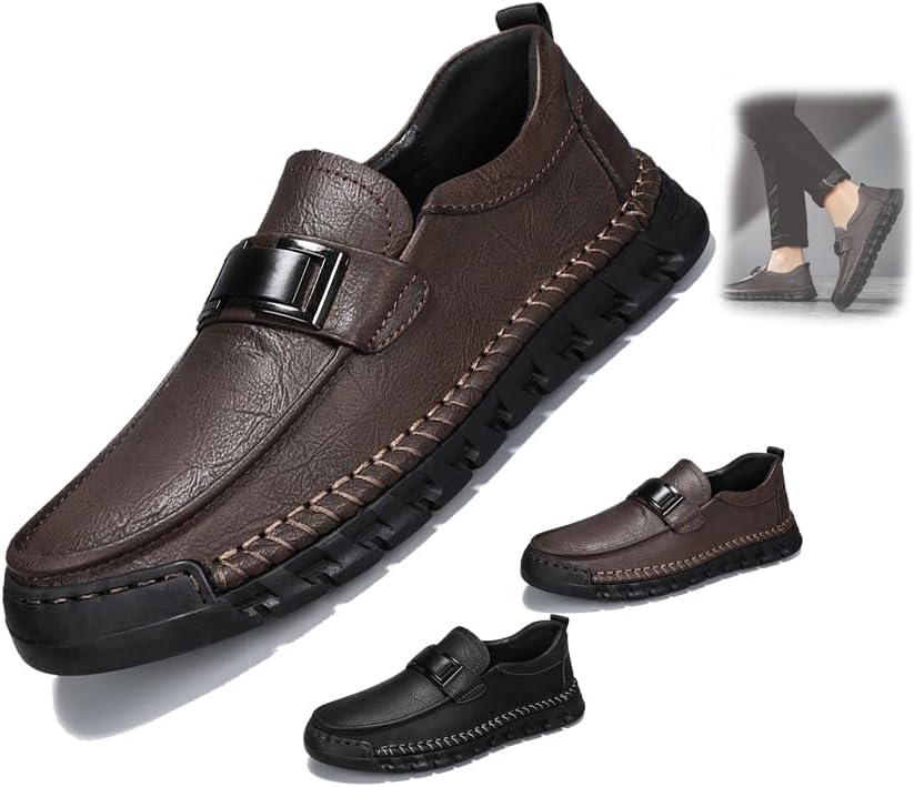 

Мужские повседневные кожаные лоферы без шнурков, ортопедическая обувь для баланса, модные туфли с металлической пряжкой, универсальные, противоскользящие, на плоской подошве для прогулок Generic, Brown-a 5.5