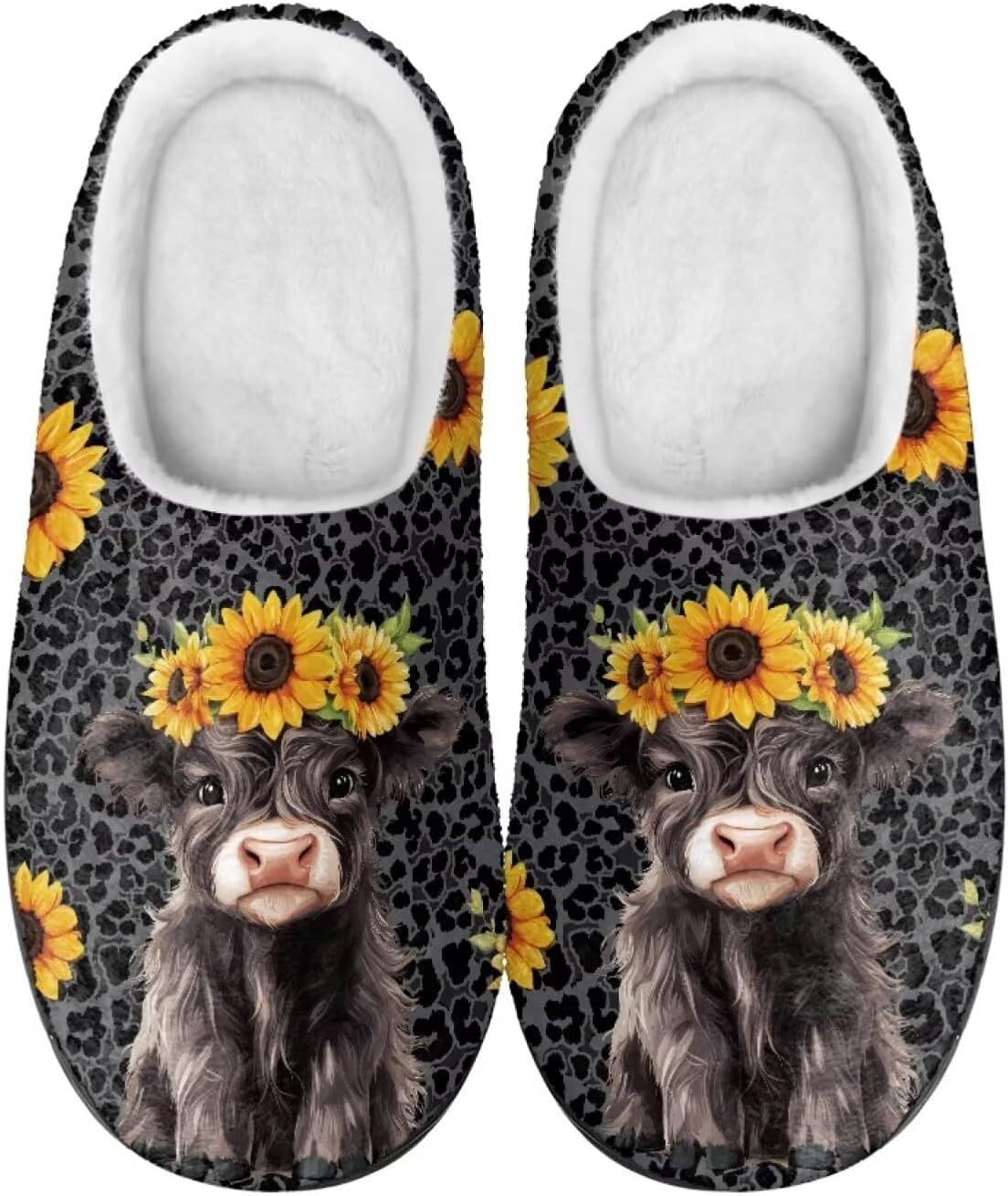 

Домашние тапочки Binienty для женщин и мужчин, пушистые, для дома и улицы, удобные, с противоскользящей подошвой, Black Cow Print Sunflower