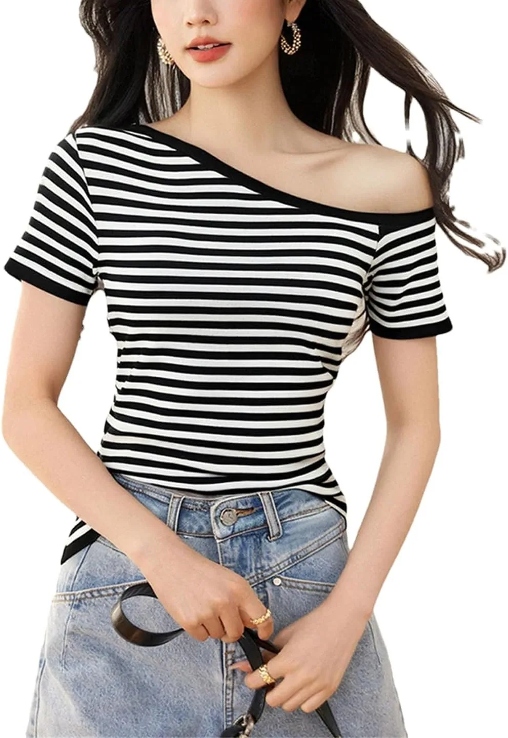 Женская простая полосатая футболка с коротким рукавом Slim Fit