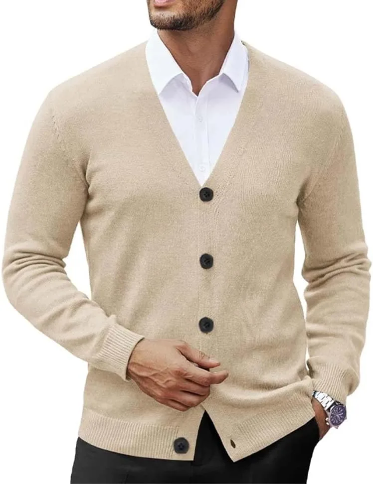 Мужской кардиган V-образным вырезом на пуговицах, slim fit, мягкий, с длинными рукавами — фото 3