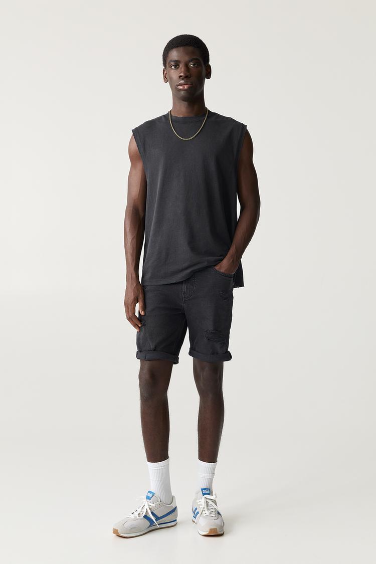 

Шорты-Бермуды из рваного денима Pull And Bear, черный