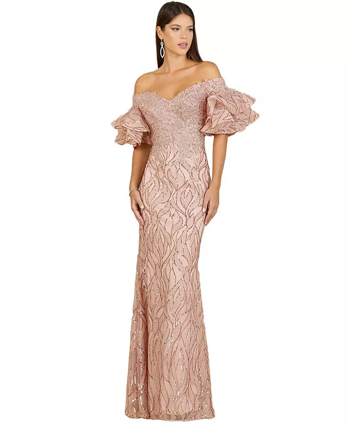 

Женское платье-русалка с открытыми плечами, бисером и ярусными рукавами Lara, синий