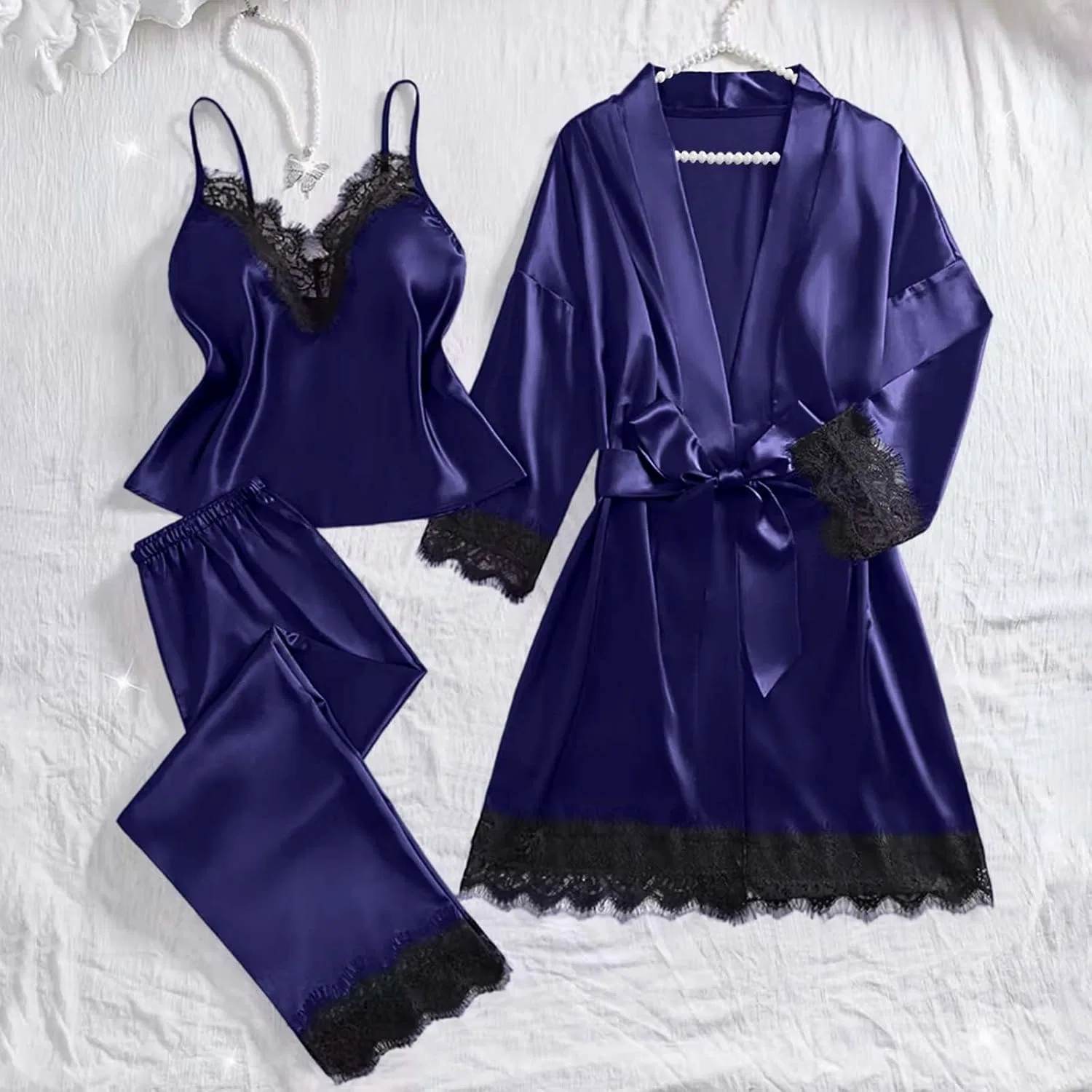 Комплект пижамы из сатина, с кружевом, Dark Blue-1 — фото 4