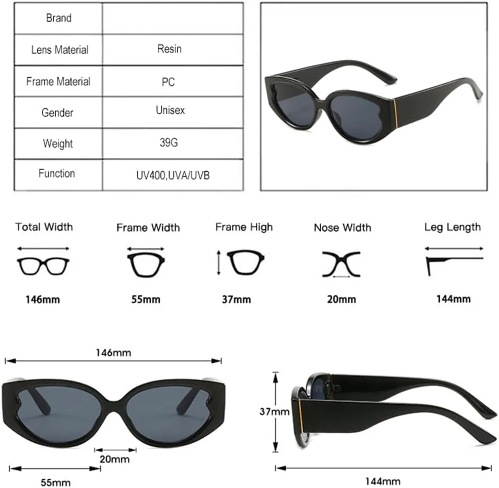 

Солнцезащитные очки «кошачий глаз» для женщин, ретро-очки с овальным градиентом, солнцезащитные очки для мужчин с защитой от УФ-излучения UV400 HDUBFY, Black Grey