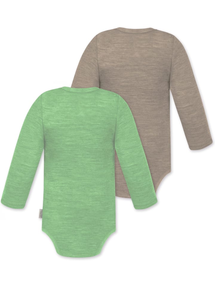 Normani Outdoor Sports Комплект из 2 детских боди с длинными рукавами из мериносовой шерсти "Туай" зелено-бежевого цвета — фото 2