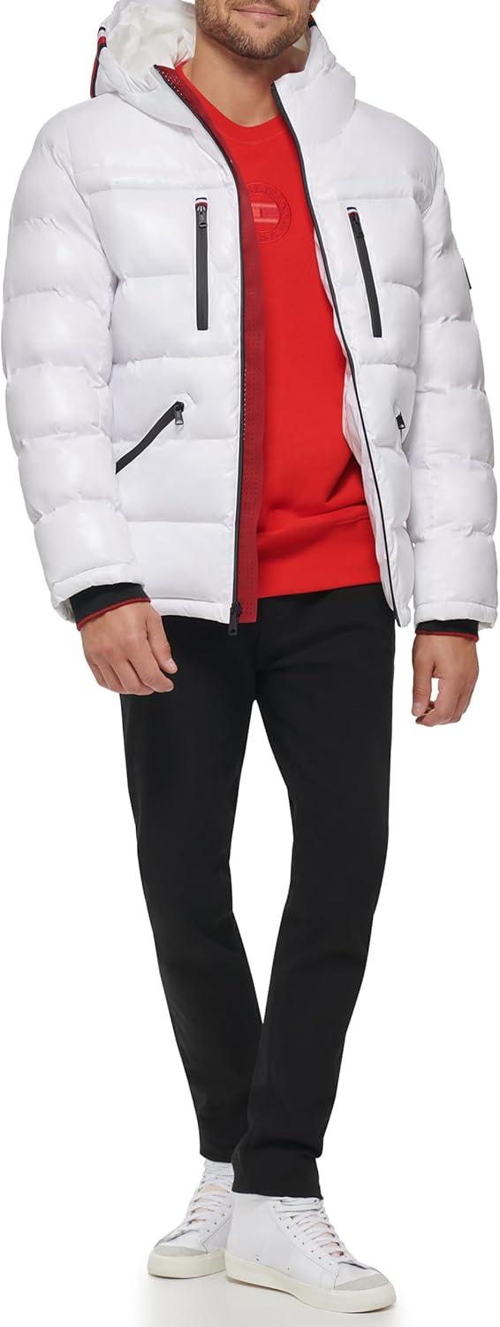 Мужская блестящая стеганая куртка Tommy Hilfiger Mens с логотипом средней толщины, White — фото 2