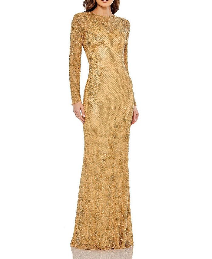 

Вечернее платье Mac Duggal с длинными рукавами и украшением, золотой