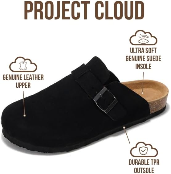 Мужские сабо Project Cloud - 100 натуральная кожа полного слоя, сабо с мемори-пеной для мужчин, поддержка свода стопы, пробковая стелька, противоскользящая подошва (Brooklyn), черный — фото 2