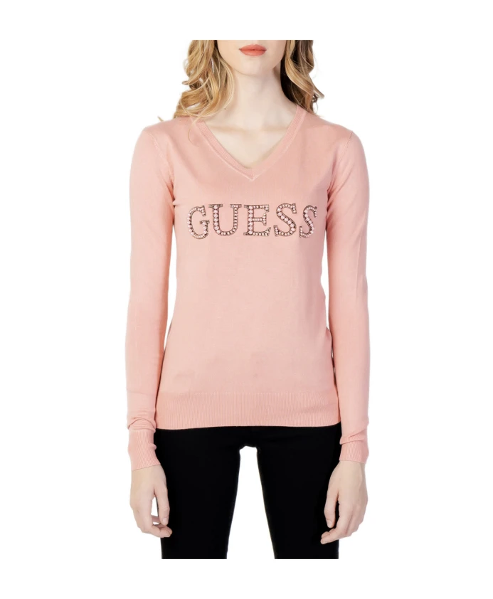 

Розовый вязаный свитер с V-образным вырезом, осенне-зимний узор. Guess, розовый