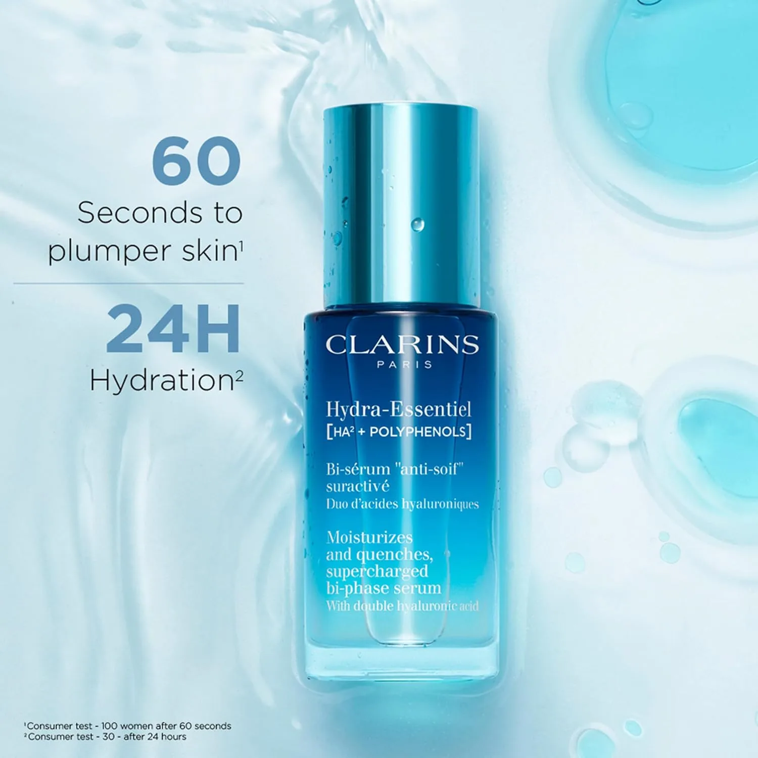 Сыворотка Clarins — Hydra-Essentiel Bi-Phase Face Serum, интенсивно увлажняющая , 24 часа увлажнения, двойная, 30 мл — фото 2