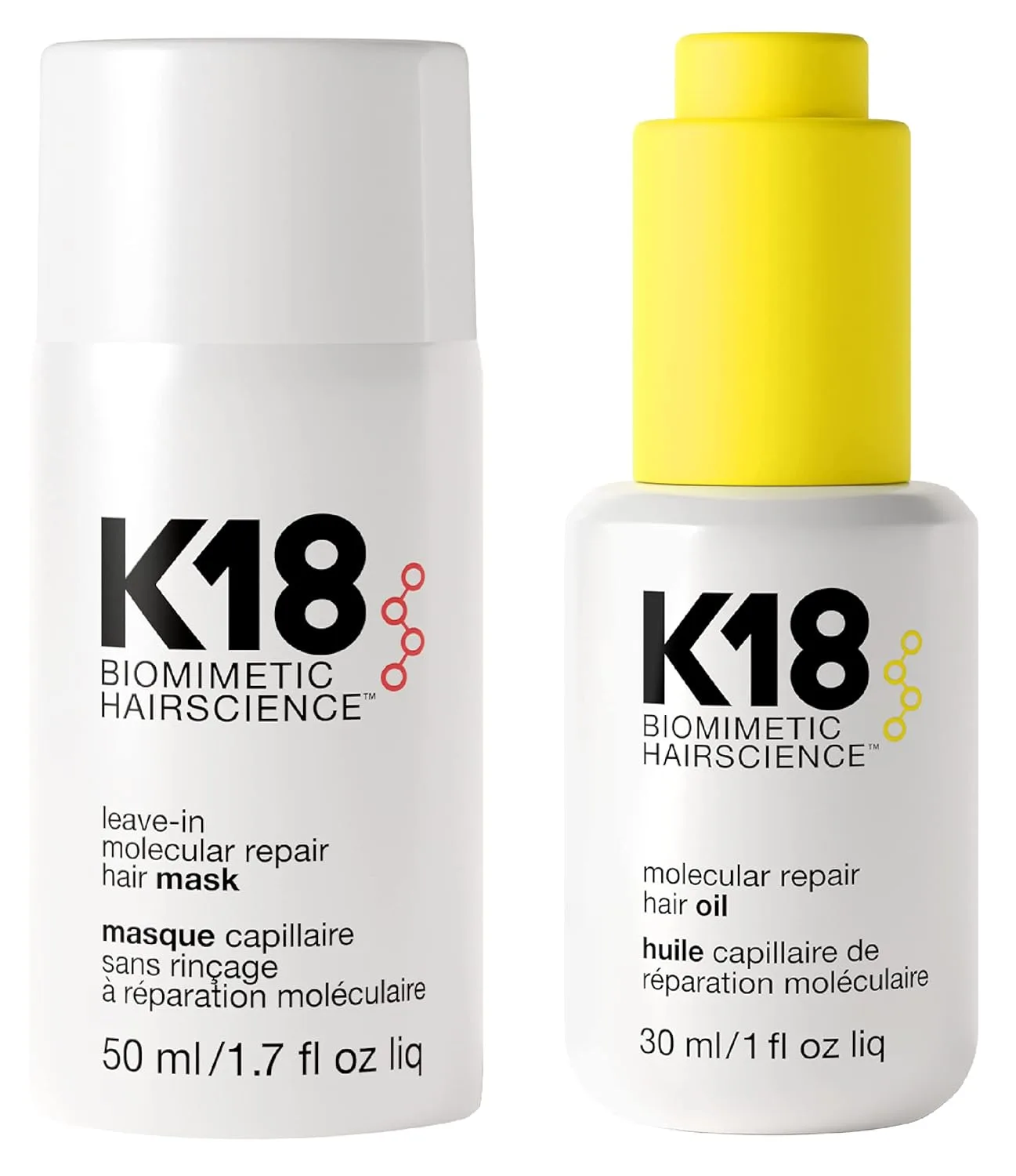 Набор K18 Repair Bundle: несмываемая восстанавливающая маска для волос, 4-минутная процедура для быстрого ухода (50 мл) и невесомое укрепляющее масло для волос (30 мл).