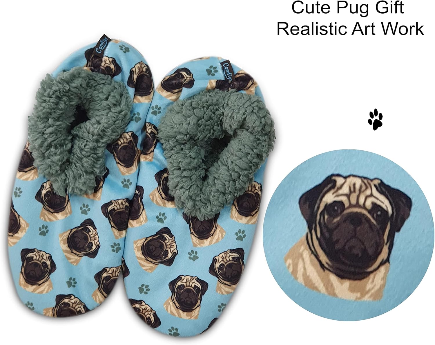 Тапочки Comfies - Уютные домашние тапочки с шерпой для женщин и мужчин - Домашняя обувь - Подарок любителям животных - Нескользящая подошва - Один размер подходит большинству - Унисекс, Pug — фото 3