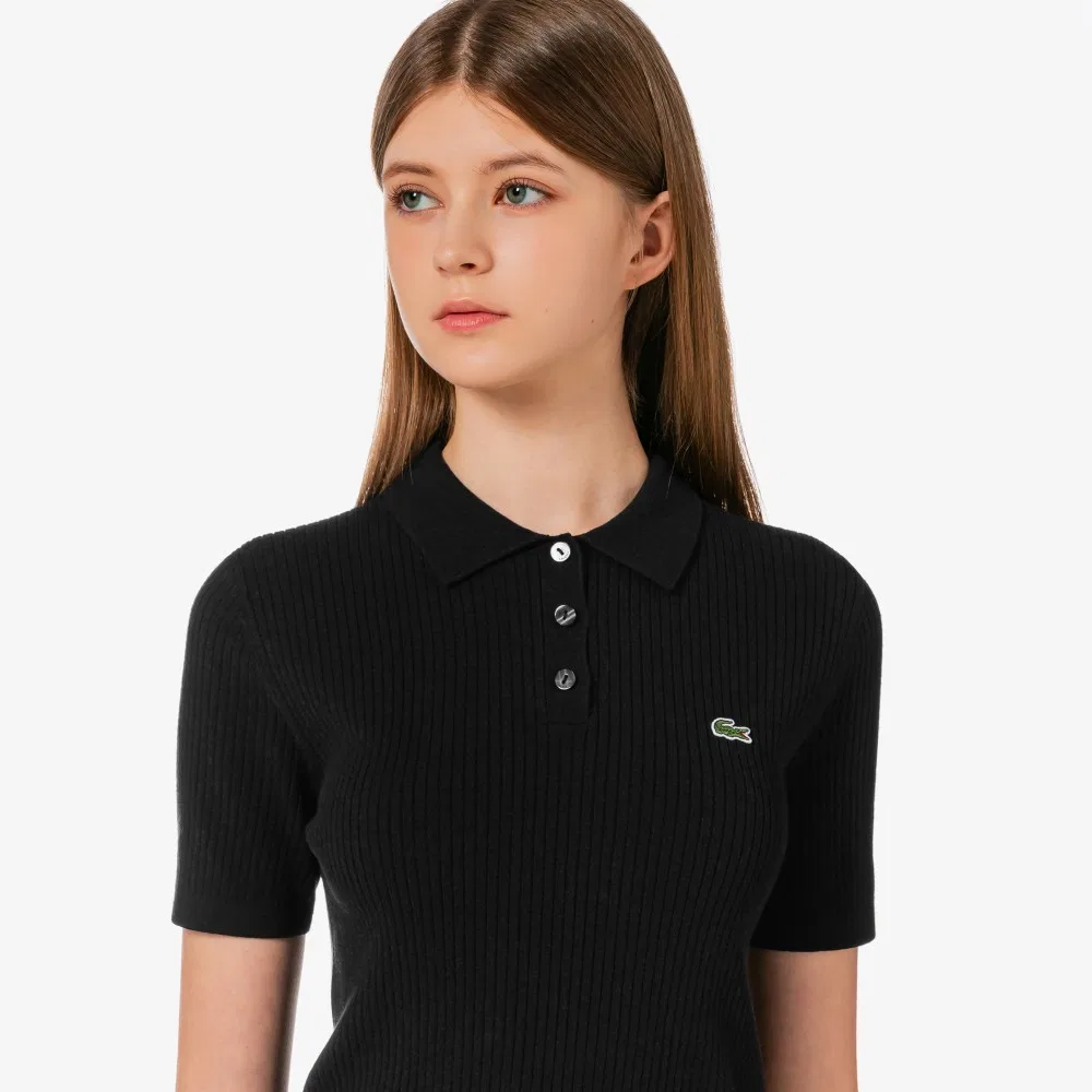 Свитер-поло женский Lacoste в рубчик, черный — фото 2