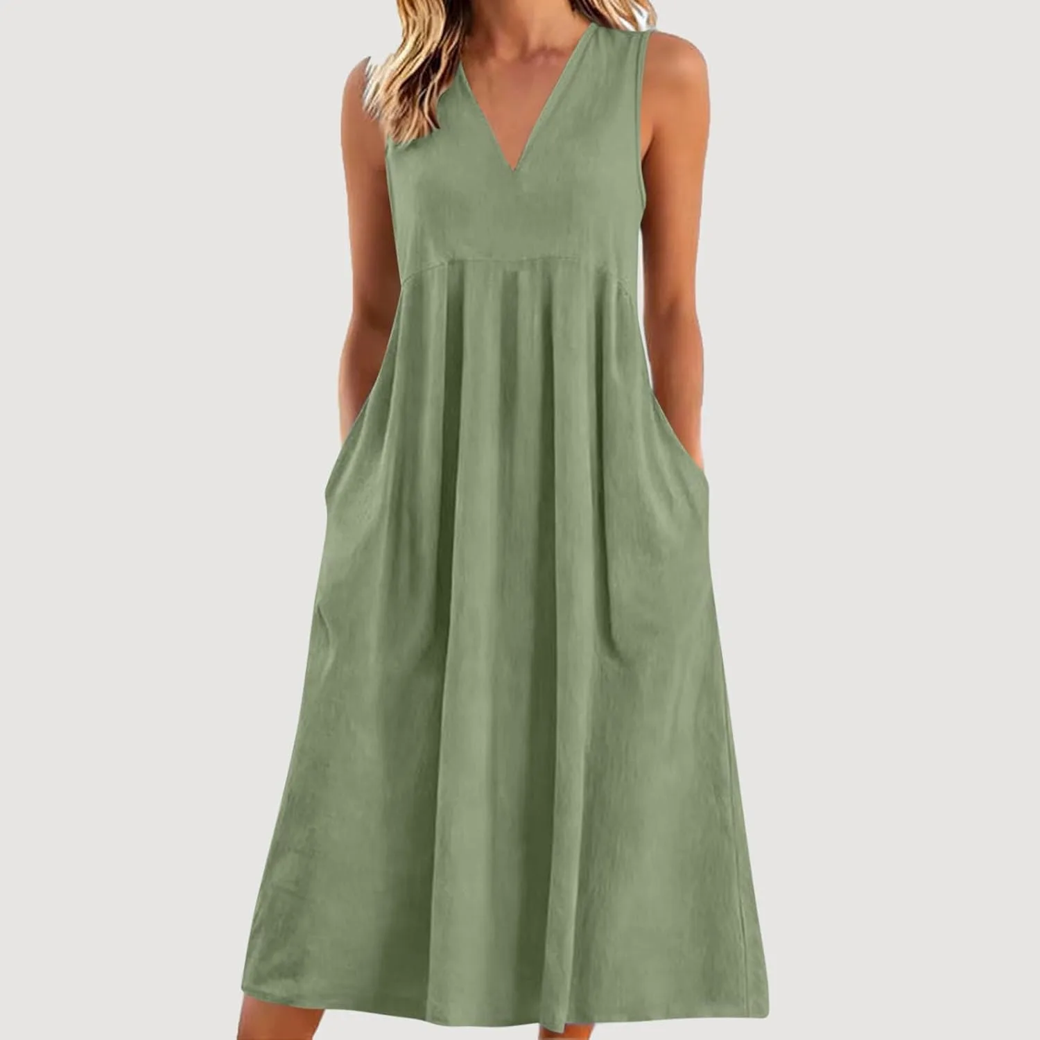 Женские летние платья миди из хлопка и льна, свободного кроя, с V-образным вырезом, без рукавов, сарафаны А-силуэта, пляжные платья для отдыха с карманами Generic, зеленый — фото 2