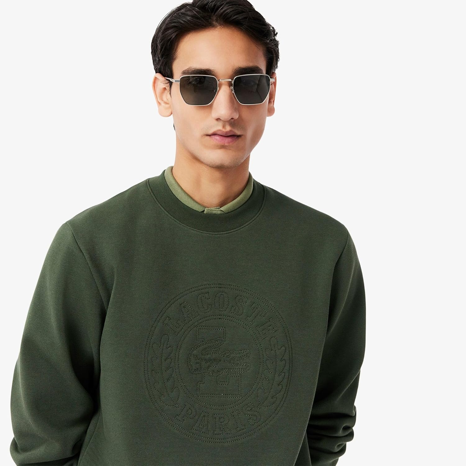 Мужская официальная толстовка LACOSTE с двусторонним круглым вырезом и вышивкой лавровым узором в тон, темно-зеленый — фото 2