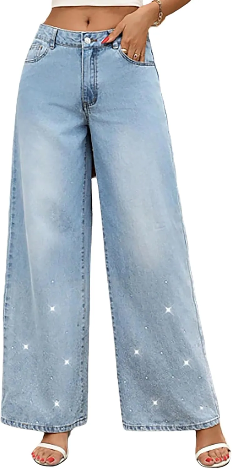 

Женские джинсы с камнями, широкие, с высокой талией QLAUYIOE