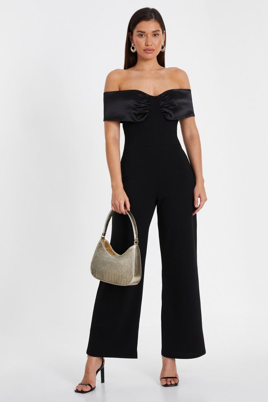 

Черный комбинезон с атласными вставками Bardot QUIZ Clothing