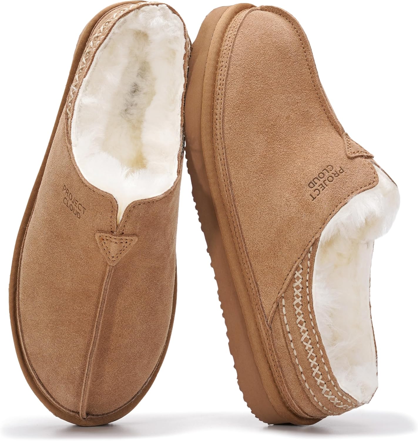 

Мужские тапочки Project Cloud из 100 натуральной кожи с австралийской овчиной и стелькой с эффектом памяти, для улицы и дома - Нескользящие пушистые мужские туфли, Chestnut Suede - Unwind