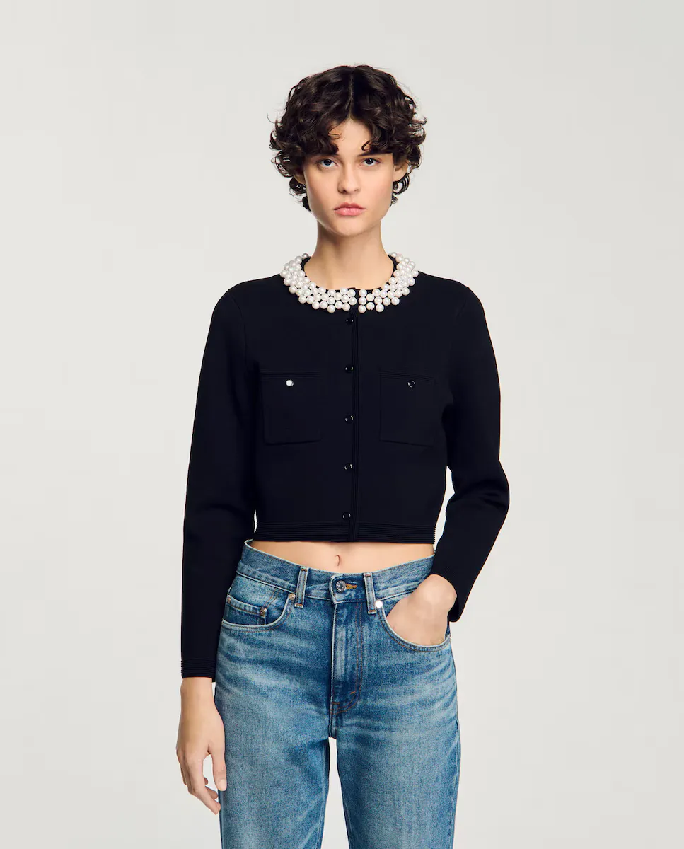 

Женский кардиган с воротником, украшенным стразами Sandro, черный