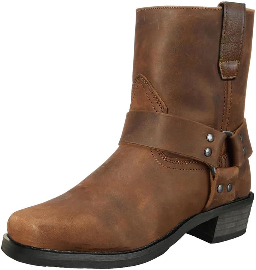 

KYOESCAI Мужские западные ковбойские ботинки с ремнем, квадратные носки, массивные ботинки на каблуке Прочные короткие ботинки для активного отдыха, коричневый