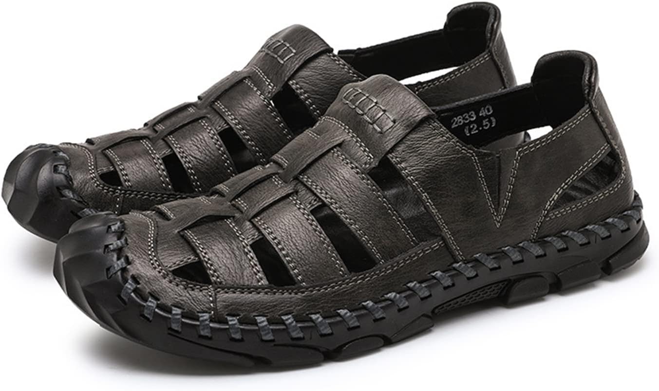 

Мужские сандалии Crepuscute из кожи ручной работы, сшитые, с регулировкой, закрытый носок, дышащие, нескользящие, с вырезами, повседневные модные сандалии для улицы и пляжа, для ходьбы и вождения, серый