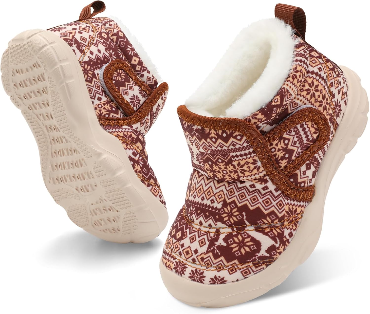 

Детские зимние теплые ботинки QFH для мальчиков и девочек, уютные флисовые снежные ботинки для малышей, нескользящие прогулочные ботинки, водоотталкивающие с искусственным мехом, Brown Pattern