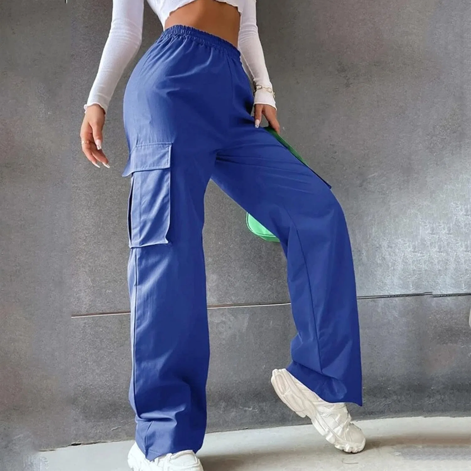 Женские карго штаны Casual с высокой посадкой, мешковатые, тянущиеся, прямые, в стиле Y2K, уличные, с карманами, для путешествий Generic, синий — фото 2