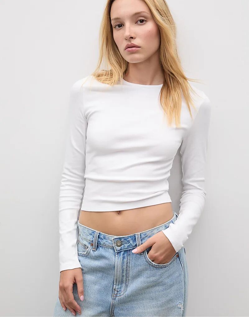 

Лонгслив Stradivarius Basic с длинным рукавом, хлопковая, белого цвета