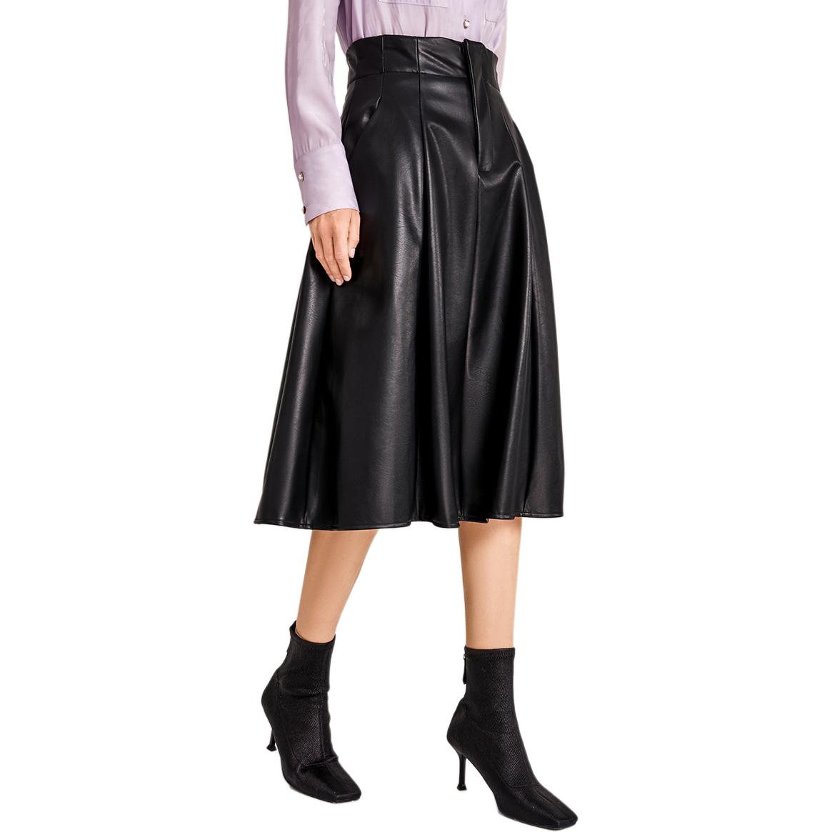 

Кожаная длинная юбка A-line для женщин средней длины ELLE, черный