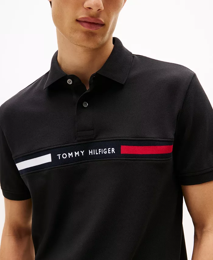 Мужская поло с коротким рукавом и вышитой полосой на груди Tommy Hilfiger, черный — фото 3