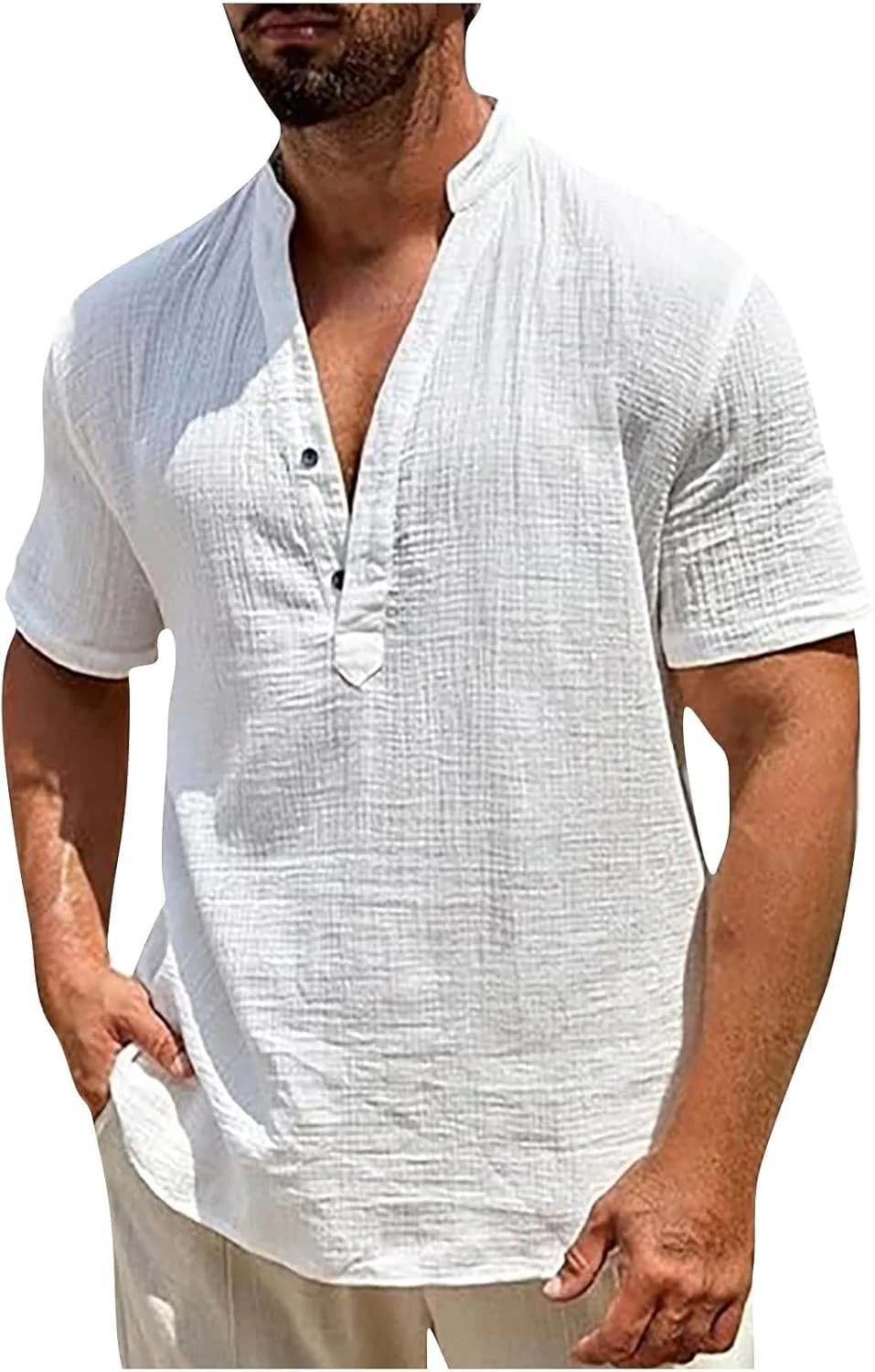 

Мужская футболка Henley с коротким рукавом, летняя, льняная