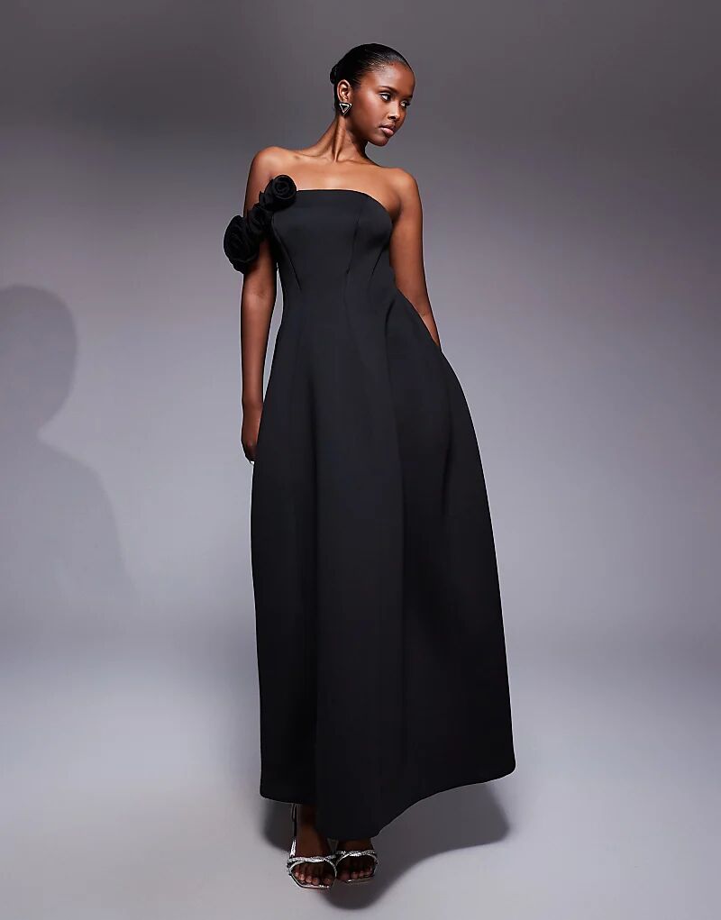 

Платье-бандо макси ASOS DESIGN черного цвета из ткани в стиле «скуба» с цветочной отделкой