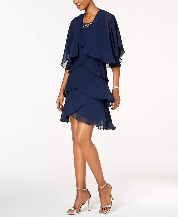 

Платье из шифона с ярусами и декоративными элементами & Накидка SL Fashions, синий