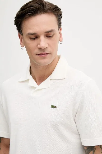 Поло из смесового хлопка и льна Polo Lacoste, бежевый — фото 4