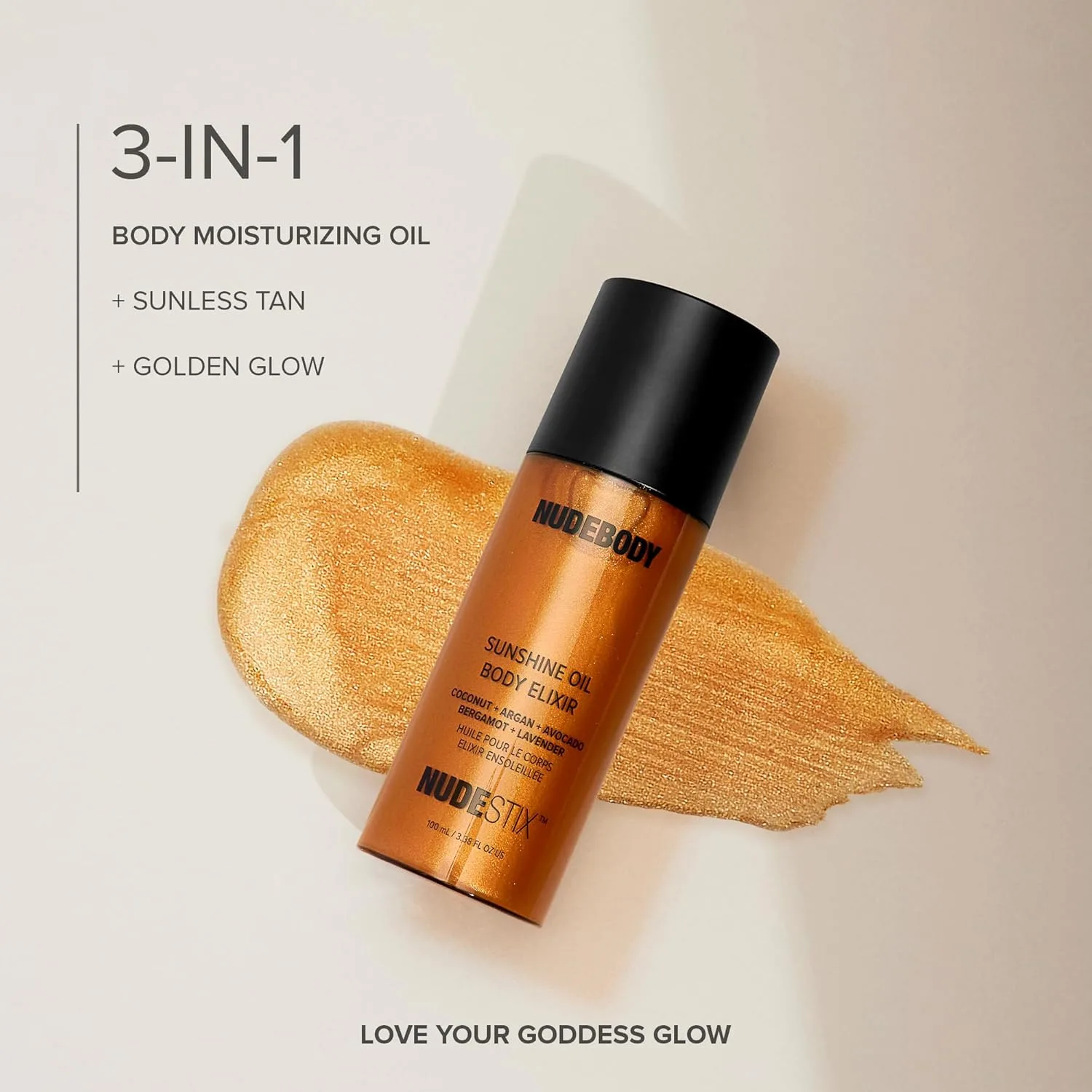 Nudestix Sunshine Oil Body Elixir - увлажняющее масло для тела с эффектом автозагара и золотистым шиммером, без DHA, с кокосом, арганой, авокадо и скваланом, веганское 100 мл (1 шт.) — фото 3