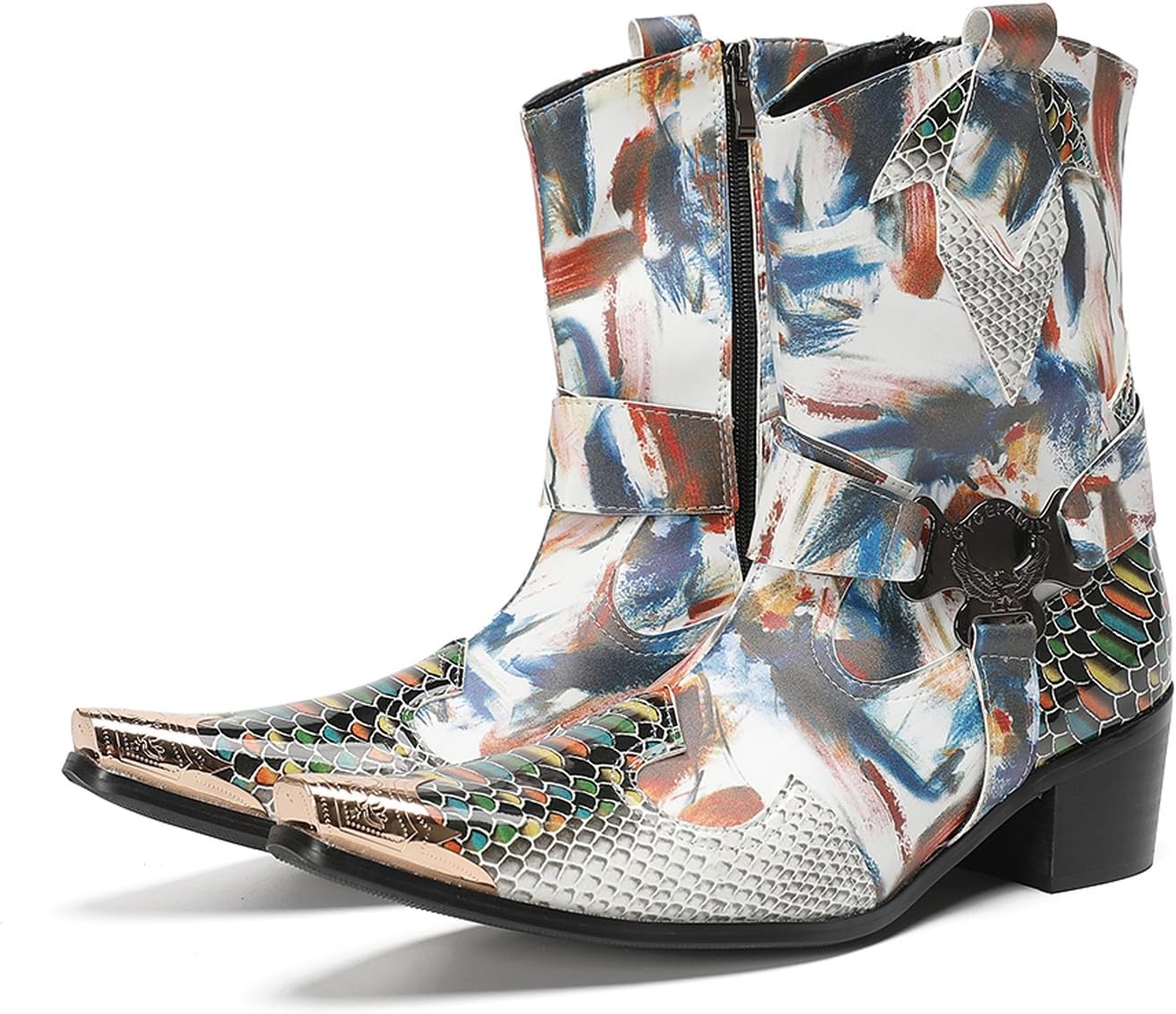 

Мужские ботинки Santimon Cowboy, повседневные и нарядные, из натуральной кожи, высокие, с металлическим носком, молнией, размером, вестерн-стиль, модные, для свадьбы, певцов, баров, вечеринок, бальных мероприятий, челси-бутсы, Multicoloured