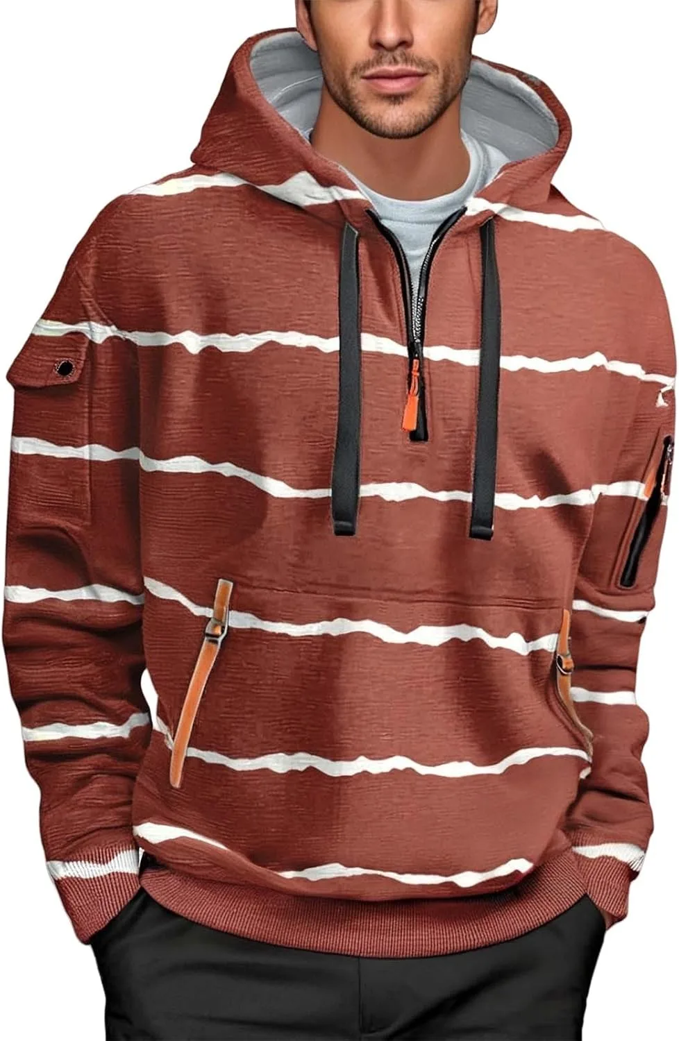 

Мужской флисовый худи с половинной молнией, полоска и карман