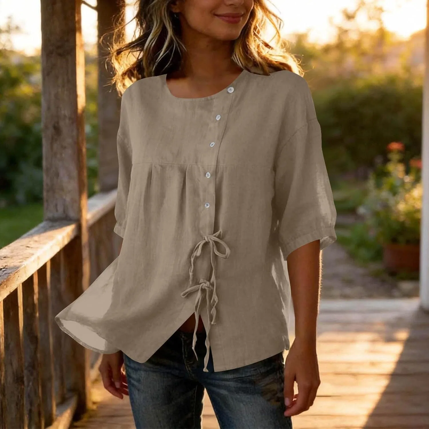 Женская блуза с бантом, Cotton Linen, цвет Khaki — фото 3