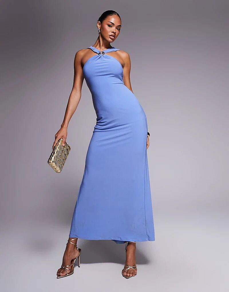

Платье макси ASOS DESIGN с отделкой халтер и перекрученной спинкой синего цвета