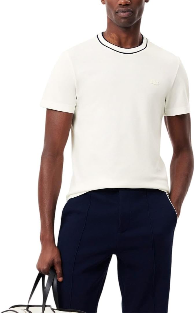 

Lacoste Мужская футболка стрейч-пике с полосатым воротником, White, Белый, Lacoste Мужская футболка стрейч-пике с полосатым воротником, White